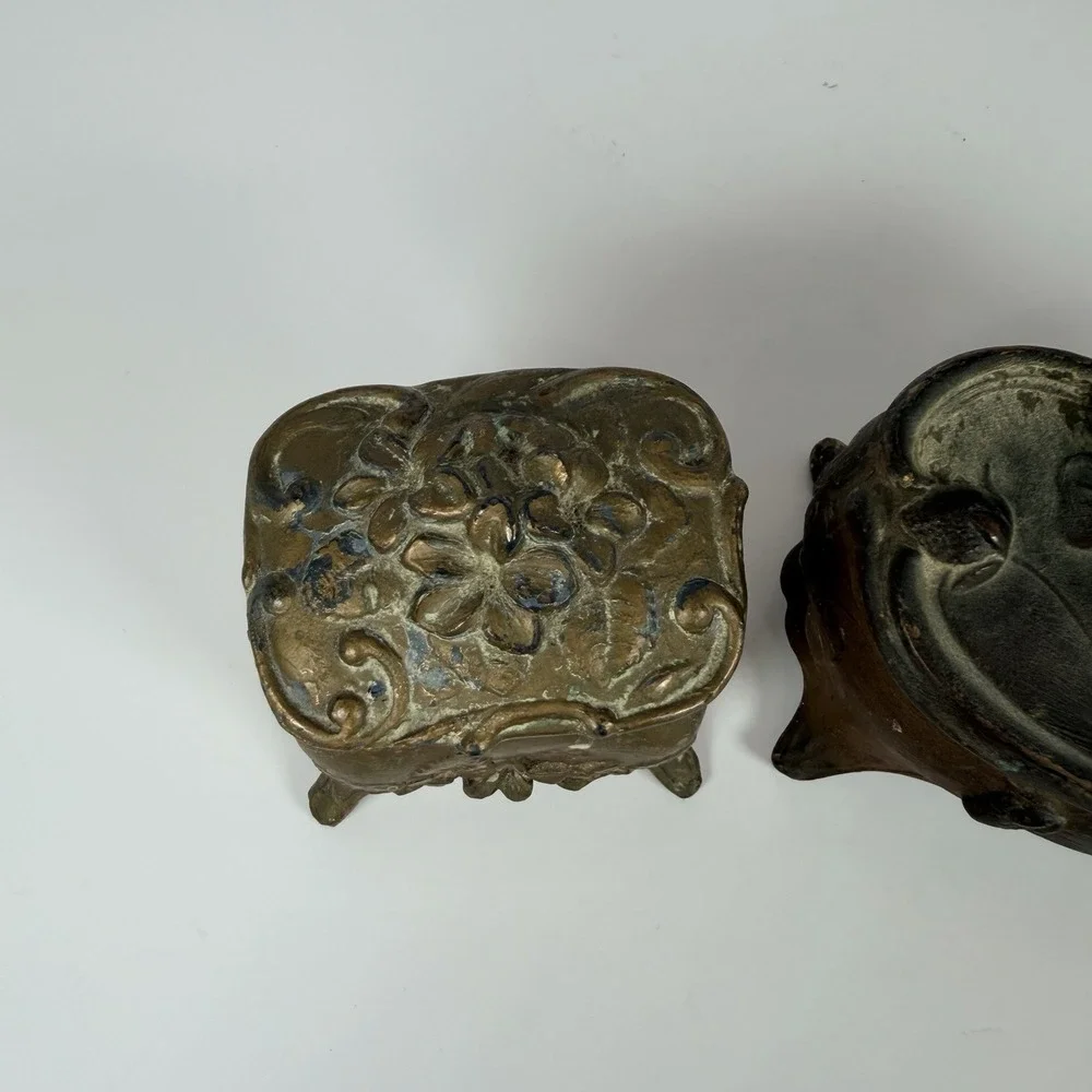 2 Antique Victorian Jewelry Trinket Box Art Nouveau Casket Gold Gilt Floral Rose